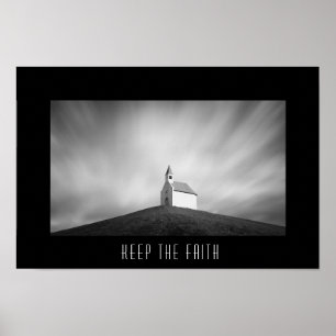 Kerk op een heuvel zwart-wit poster