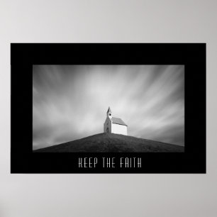 Kerk op een heuvel zwart-wit poster