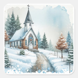 Kerk op een winterdag   Waterverf kerst Vierkante Sticker