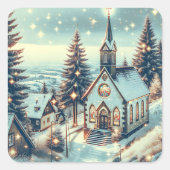 kerk op een winterse kerstdag vierkante sticker (Voorkant)