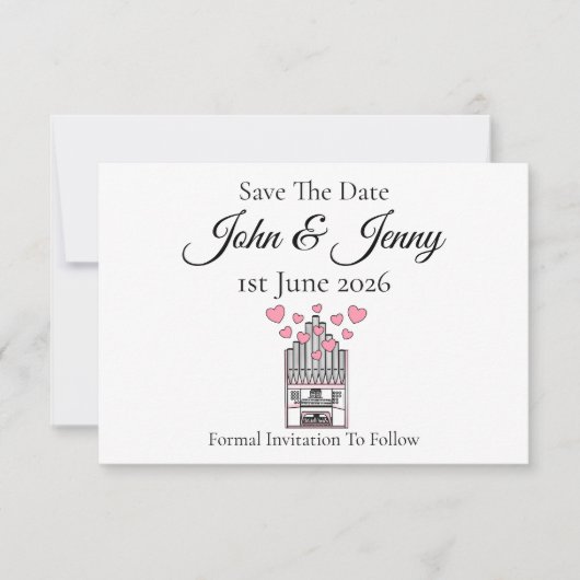 Kerk orgel muzikant bruiloft save the date (Voorkant)