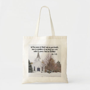 Kerk Winter Sneeuw Bijbeltekst Foto Tote Bag