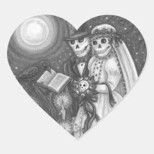 KERKBEGRAFPLATEN, SKELET TROUWEN, BRUID EN BRUIGOM HART STICKER