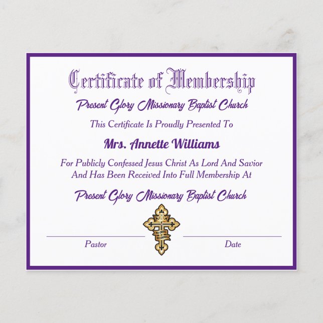 Kerkelijk Lidmaatschaps Certificaat (Voorkant)