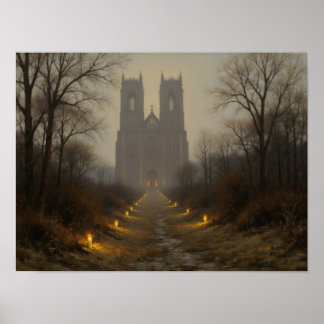 Kerkpad met kaarslicht Impressionistische olieverf Poster