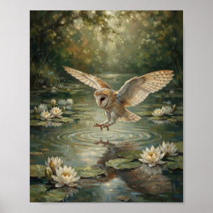 Kerkuil Skimming Vijver Water Witte Waterlelie Met Poster