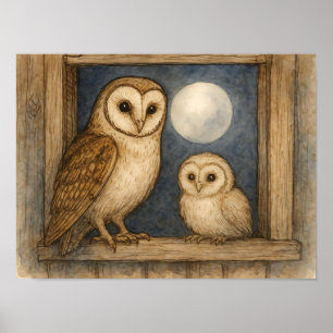 Kerkuil & Uilskuiken Rustieke Aquarel Poster