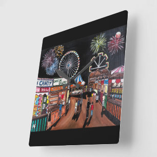 Kermis 's Nachts Schilderij van Alfred Fox Vierkante Klok