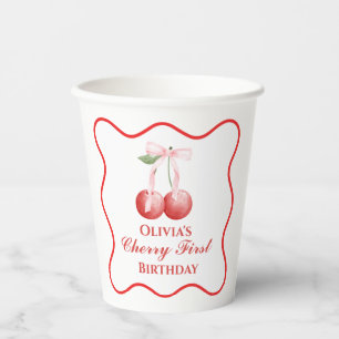 Kers eerste verjaardag Roze Strik Gingham Papieren Bekers