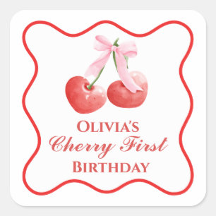 Kers eerste verjaardag Roze Strik Gingham Vierkante Sticker