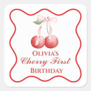 Kers eerste verjaardag Roze Strik Gingham Vierkante Sticker