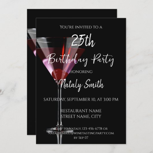 Kers-martini-cocktail op zwart kaart (Voorkant / Achterkant)