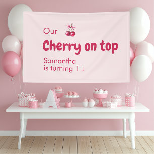 Kers op de Taart Roze Verjaardagsfeestje Spandoek