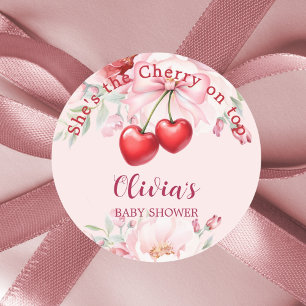 Kers op roze strik bloemen Baby Shower Ronde Sticker