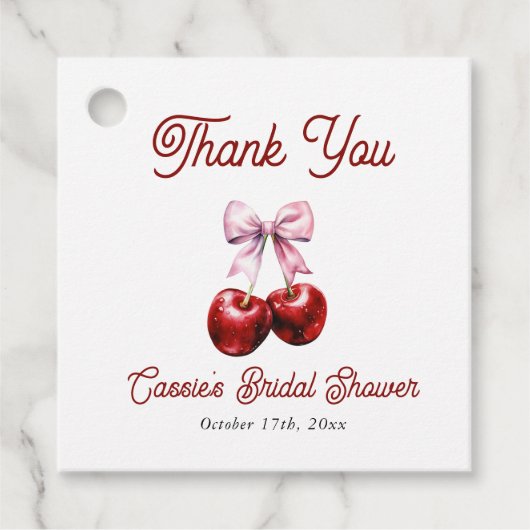 Kers Op Roze Strik Bruidsdiner Bedankt Bedankjes Labels (Voorkant)