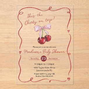 Kers op Roze Strik Coquette Baby Shower Acryl Uitnodigingen