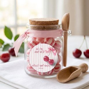 Kers Op Top Retro Strik Roze Meisje Baby Shower Ronde Sticker