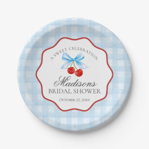 Kers Zoete Blauwe Kokette Gingham Bruiloftsborrel Papieren Bordje