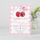 Kersen Eerste Verjaardag Meisje 1e Fruit Bow Verja Kaart (Staand voorkant)