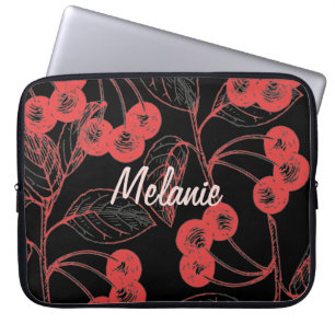 Kersen en bladeren Rood op zwart Persoonlijk Laptop Sleeve