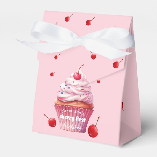 Kersen en cupcake eerste verjaardag bedankdoosjes (Voorkant Zijde)