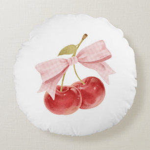 Kersen meisje kamer decor, roze Coquette Bow Cherr Rond Kussen