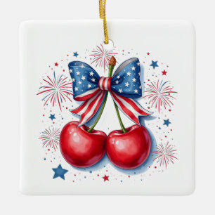 Kersen met Coquette Bow 4 juli Amerikaans Keramisch Ornament