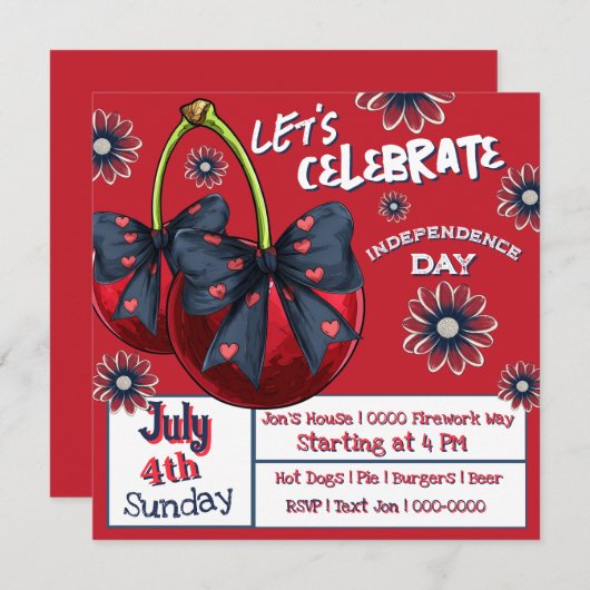 Kersen met Coquette Bows Rood Wit en Blauw Kaart (Voorkant / Achterkant)