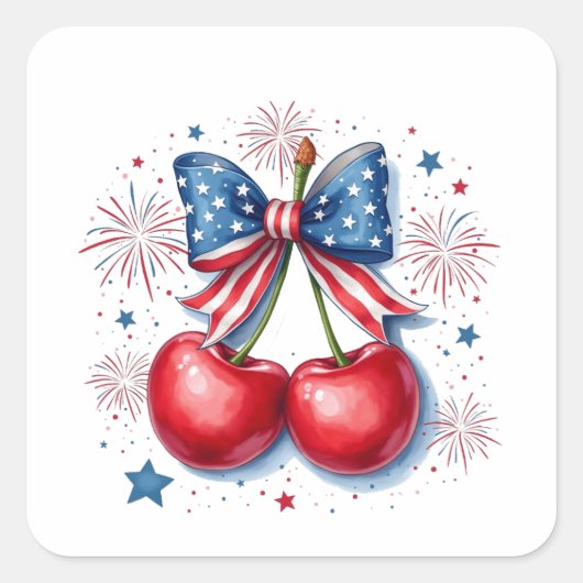 Kersen met Coquette Strik 4 juli Amerikaanse   Vierkante Sticker (Voorkant)