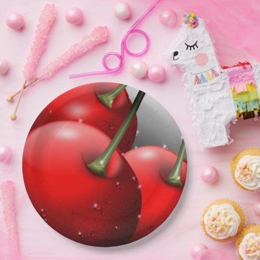 Kersen met dauwdruppels papieren bordje (Feest)