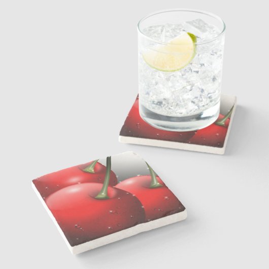 Kersen met dauwdruppels stenen onderzetter (Zijkant)