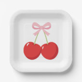 Kersen met Pink Bow Coquette Verjaardagsfeest Papieren Bordje (Voorkant)