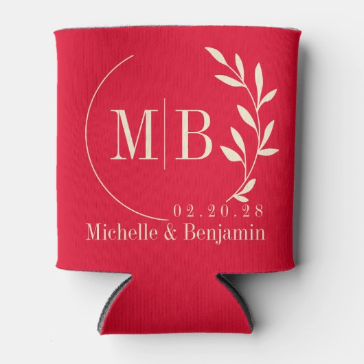 Kersen Plukken Roze Blad Trouw Monogram Blikjeskoeler (Voorkant)