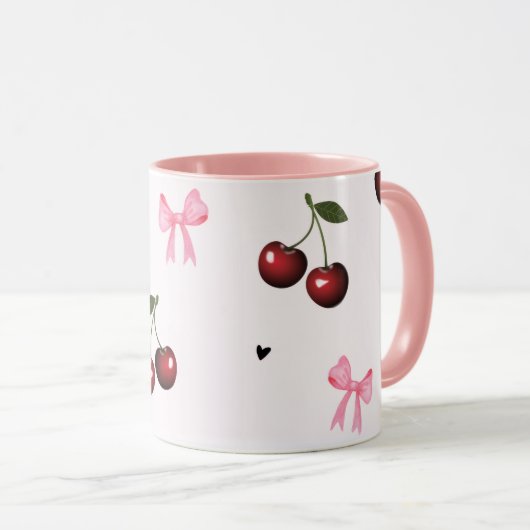 Kersen & Roze Strikken Patroon - Coquette Esthetie Mok (Voorkant rechts)