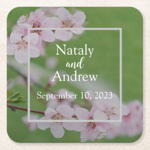 Kersenbloemen op groene achtergrond Floral Wedding Vierkante Kartonnen Onderzetter