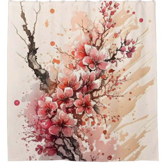 Kersenbloesem Aquarel Bloemen Roze Rood Bloemmotie Douchegordijn (Voorkant)