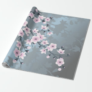 Kersenbloesem Bloemige Stofachtige Roze Blauwe Cadeaupapier