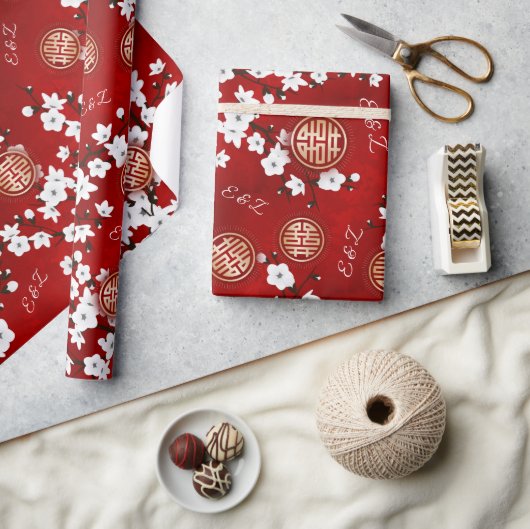 Kersenbloesem Chinees Bruiloft Initialen Cadeaupapier (Crafts)