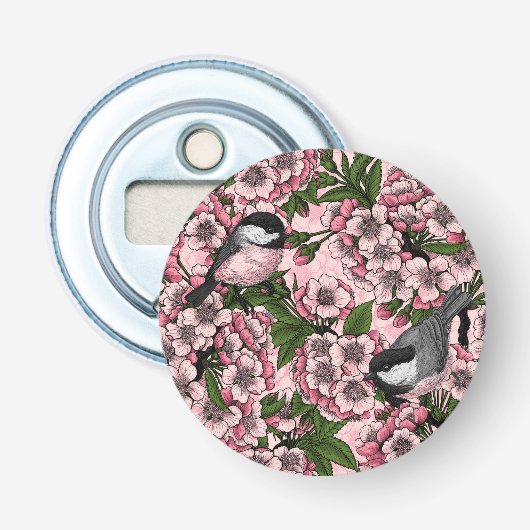 Kersenbloesem en kikkervisjes op roze button flesopener (Voorkant)