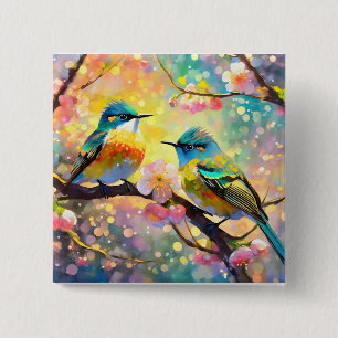 Kersenbloesem Fantasie Zonsopgang Zangvogels Vierkante Button 5,1 Cm