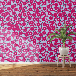 Kersenbloesem Floral Magenta Pink Blue Behang