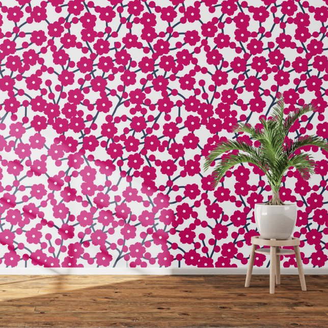 Kersenbloesem Floral Magenta Roze Wit Behang (Pink and white cherry blossom art wallpaper)