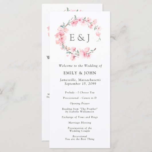 Kersenbloesem krans monogram bruiloft programma (Voorkant / Achterkant)