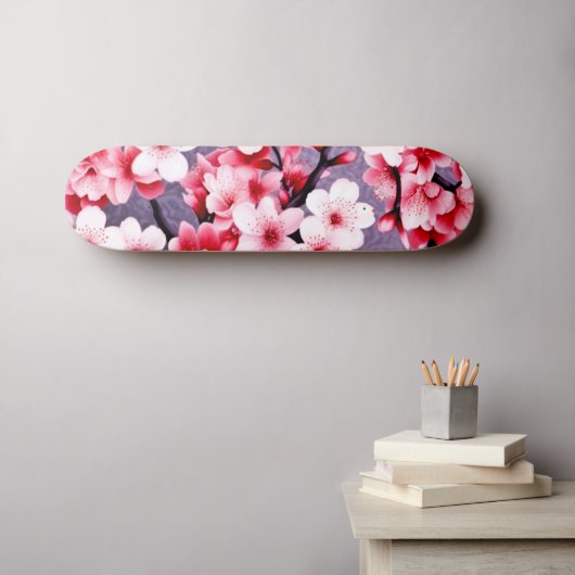 Kersenbloesem roze bloemmotief skateboard (Muurkunst (Horizontaal))