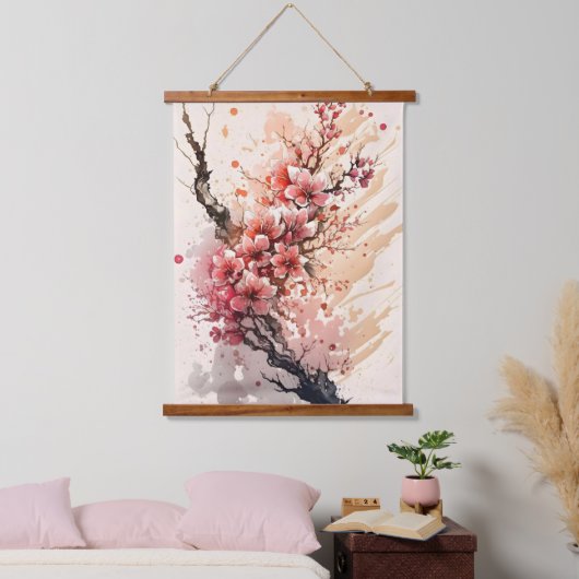Kersenbloesem Roze Rode Waterverf Bloemen Bloemstu Hangend Wandkleed (Slaapkamer)