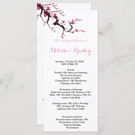 Kersenbloesem Roze Witte bloemencermonieprogramma Programma (Voorkant / Achterkant)