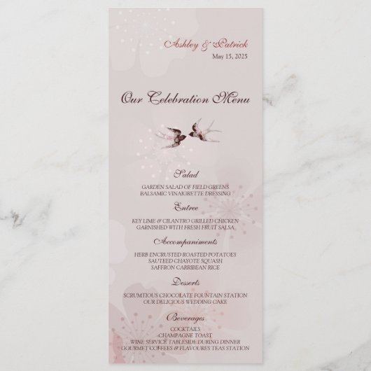 Kersenbloesem Sakura & Liefde Zwaluwen Trouwmenu Menu (Achterkant)