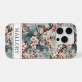 Kersenbloesem Teal Sakura Print Monogram iPhone Hoesje (Achterkant horizontaal)