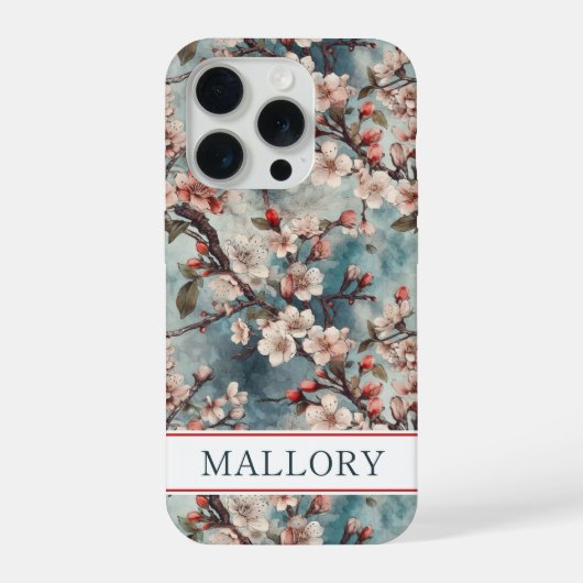 Kersenbloesem Teal Sakura Print Monogram iPhone Hoesje (Achterkant)
