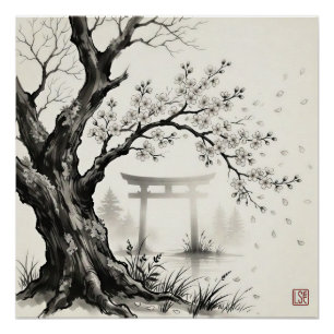 Kersenbloesem & Toriihek —  Japanse Sumi-e inkt Perfect Poster